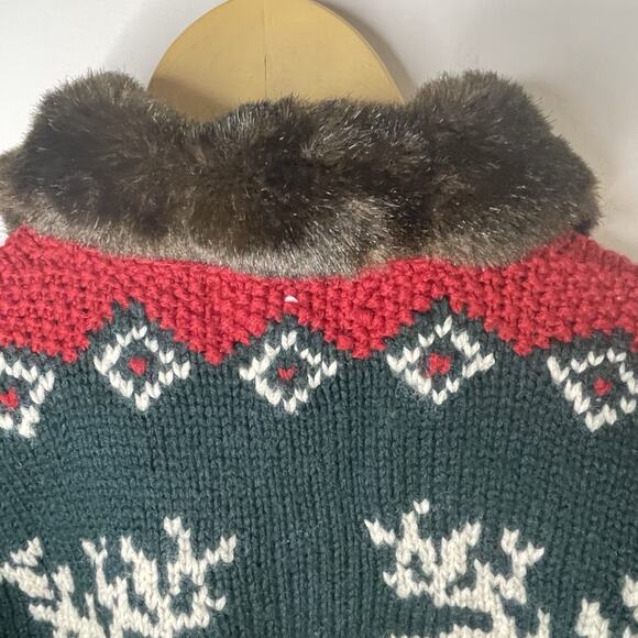VTG Ralph Lauren Handknit Reindeer Wool Sweater Cardigan Faux Fur Holiday Sz S/M - Picture 12 of 16
